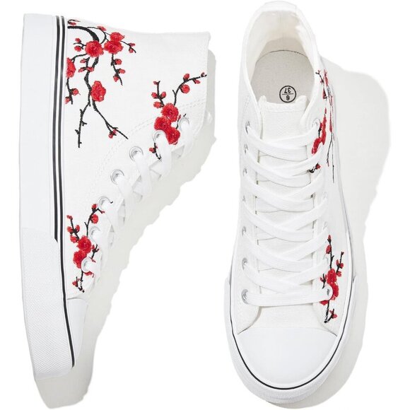 Shoes - Women's White Black High Top Canvas Sneakers Lace Up Sneakers Casual Walking